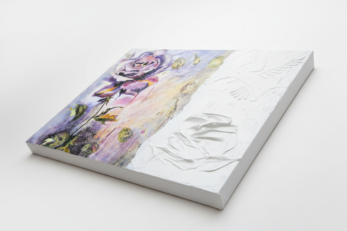 Purple rose mixed media painting with white gallery wrap canvas edges