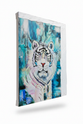 Overcoming hand-embellished textured canvas print featuring a majestic white tiger with bold black stripes against an expressive teal and blue abstract background