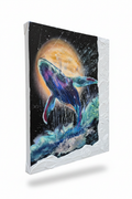 The Breaching hand-embellished textured canvas print featuring a humpback whale breaching under a golden full moon against a starry night sky