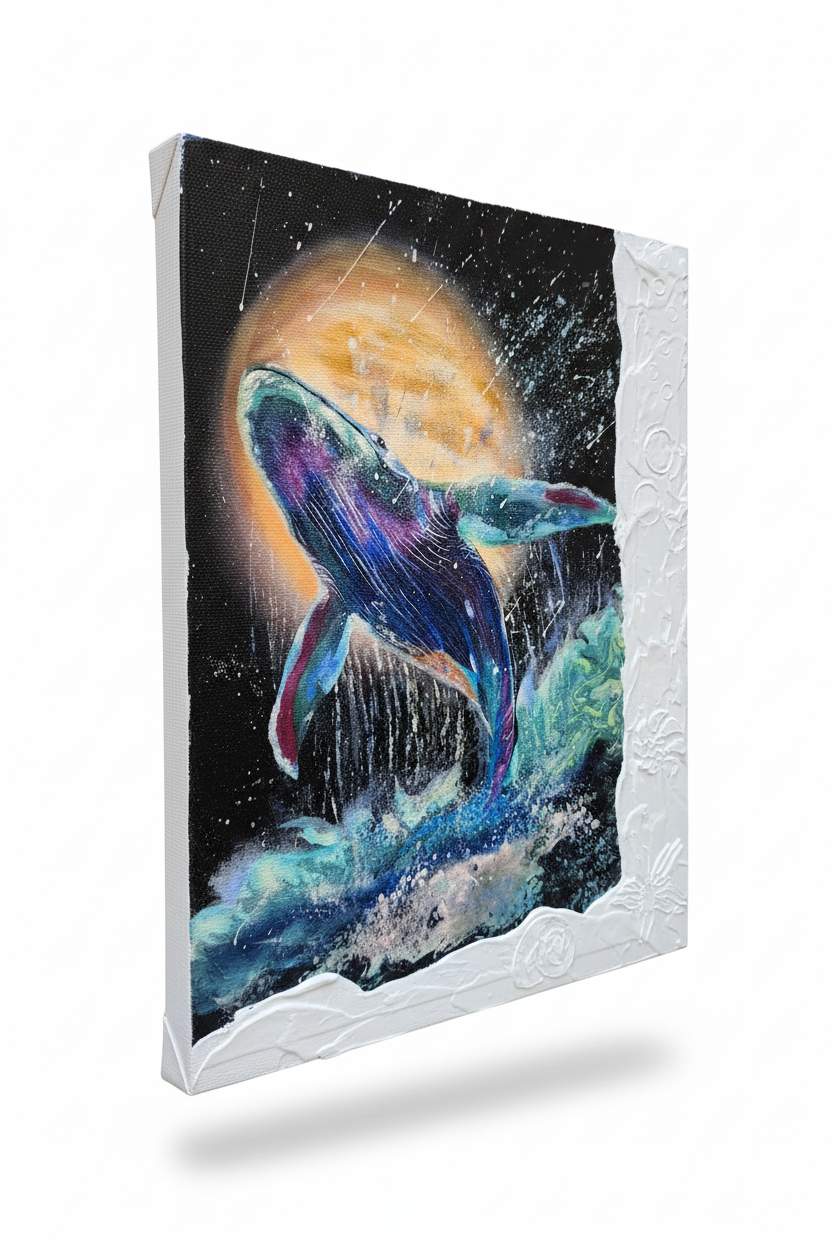 The Breaching hand-embellished textured canvas print featuring a humpback whale breaching under a golden full moon against a starry night sky