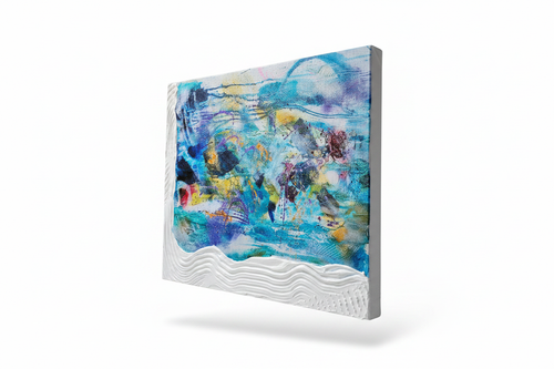 Blue Rhythm hand-embellished textured canvas print featuring deep blues, teals and turquoise abstract brushstrokes with white wave texture border