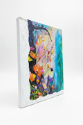 Wildflower Glory hand-embellished textured canvas print with vibrant wildflowers, dark tree branches, and teal waterfall brushstrokes