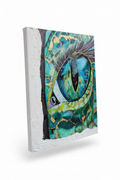 Dragon's Eye hand-embellished textured canvas print featuring a dramatic teal dragon eye with gold kintsugi cracking and iridescent lashes