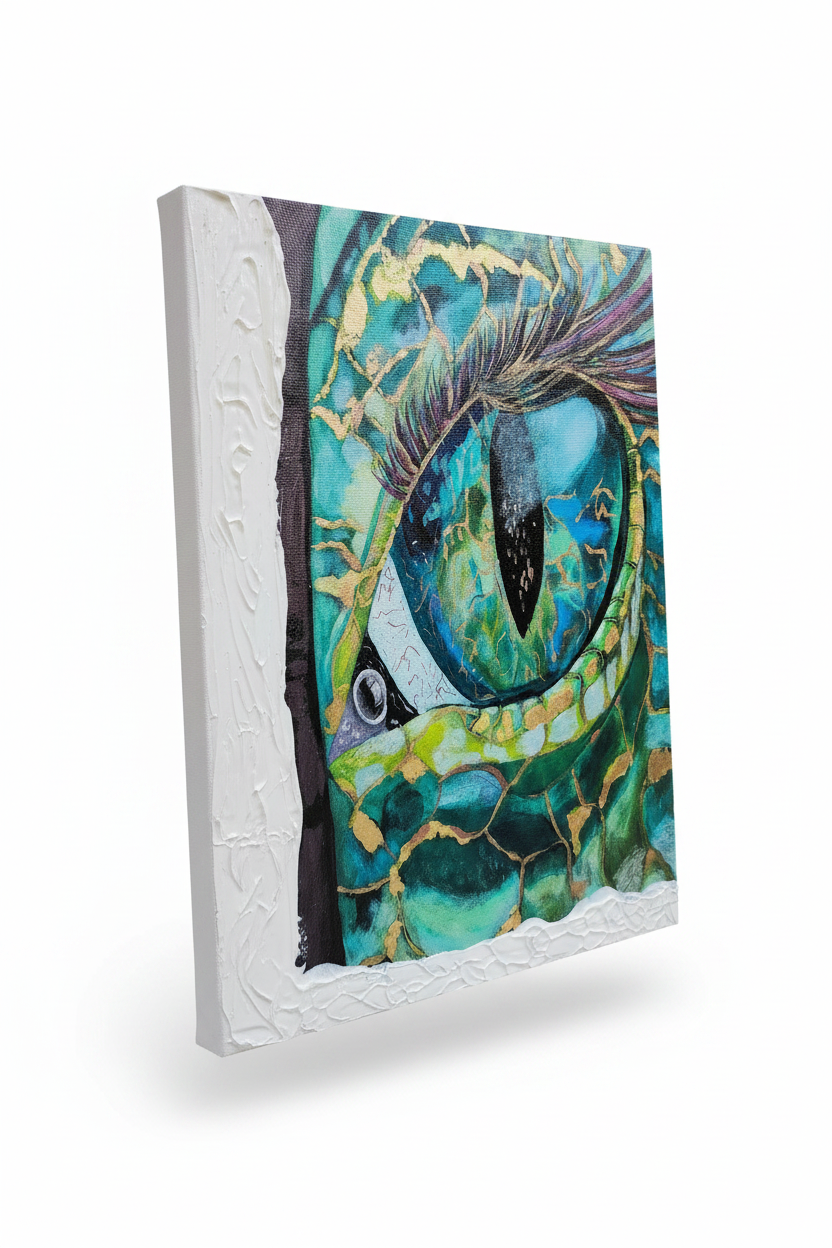 Dragon's Eye hand-embellished textured canvas print featuring a dramatic teal dragon eye with gold kintsugi cracking and iridescent lashes
