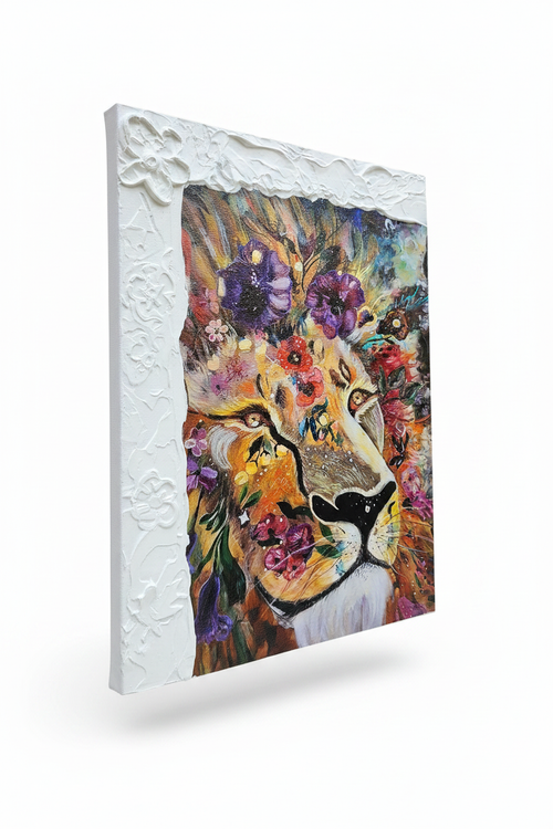 Destiny is Calling hand-embellished textured canvas print featuring a majestic lion adorned with vibrant purple, red and pink florals