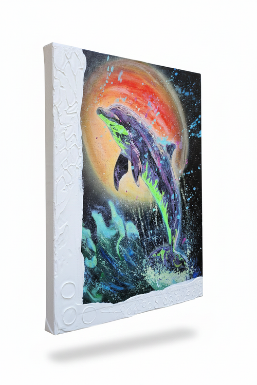 Dolphin Splash hand-embellished textured canvas print featuring a dolphin leaping against a fiery red-orange moon in a starry night sky