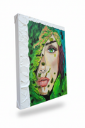 Forest Keeper hand-embellished textured canvas print featuring a woman's portrait emerging from lush green foliage with a striking teal eye and purple hair