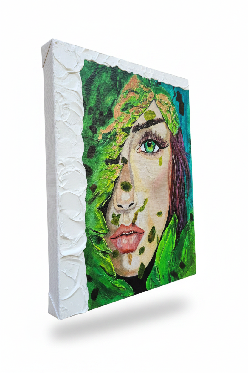 Forest Keeper hand-embellished textured canvas print featuring a woman's portrait emerging from lush green foliage with a striking teal eye and purple hair