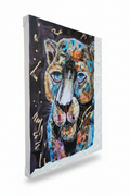 Midnight Prowl hand-embellished textured canvas print featuring a dark panther with striking blue eyes and vibrant teal and copper paint splashes