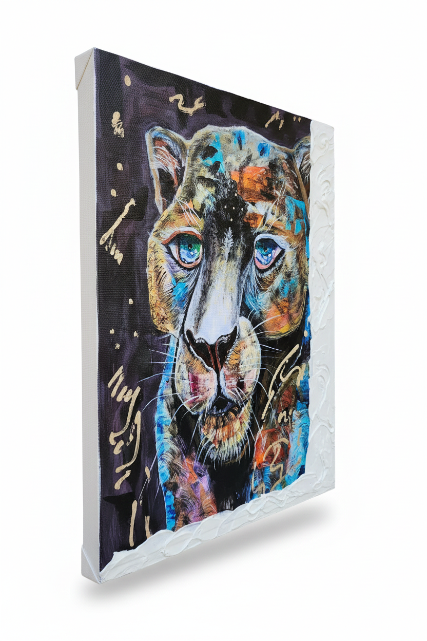 Midnight Prowl hand-embellished textured canvas print featuring a dark panther with striking blue eyes and vibrant teal and copper paint splashes