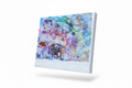 Abstract mixed media painting with vibrant pink, purple, teal and white tones, floating canvas with white edges on clean white background