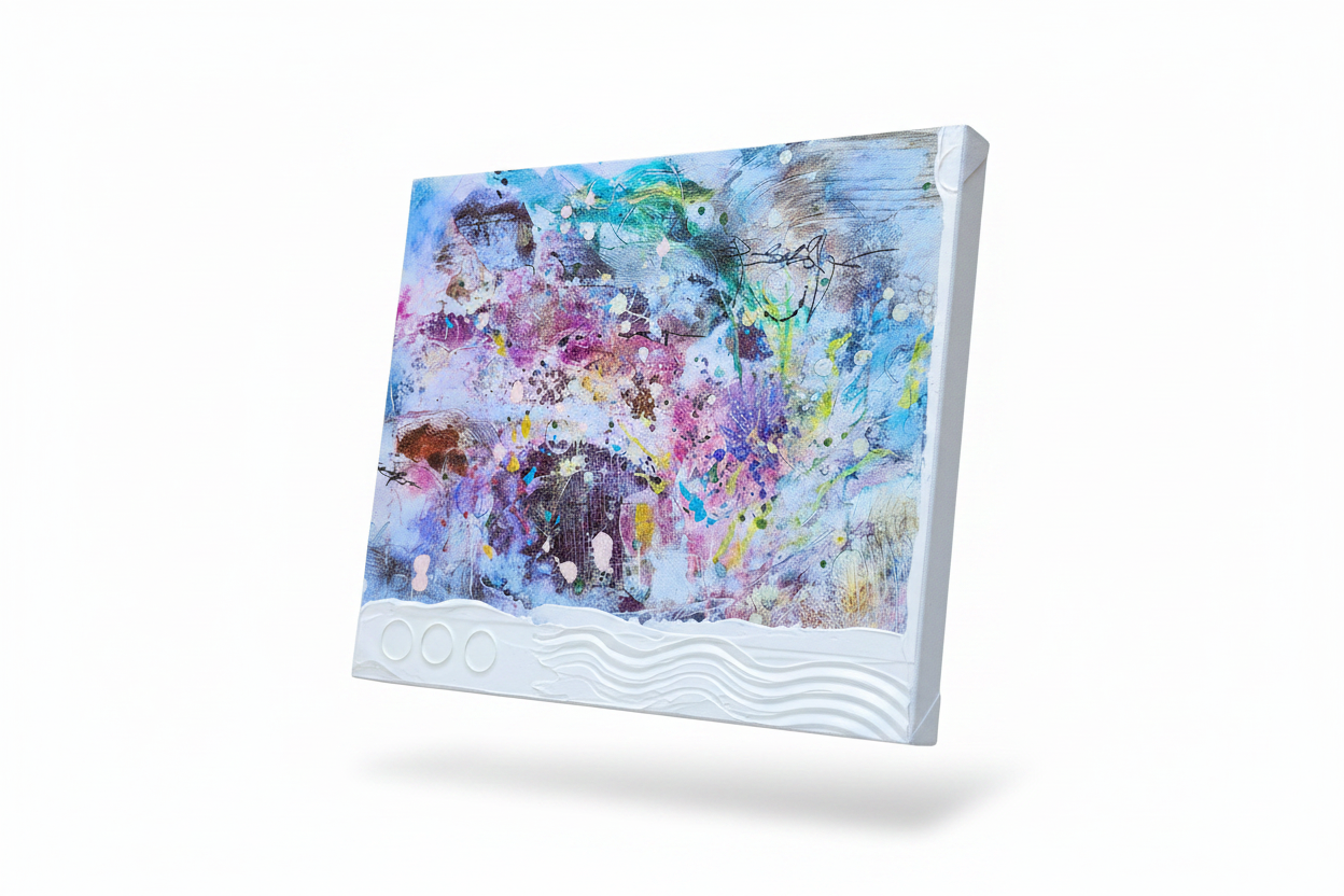 Abstract mixed media painting with vibrant pink, purple, teal and white tones, floating canvas with white edges on clean white background