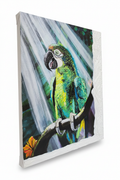 Gem of My Heart hand-embellished textured canvas print featuring a vivid green and teal macaw perched in dramatic light rays with white gesso texture border